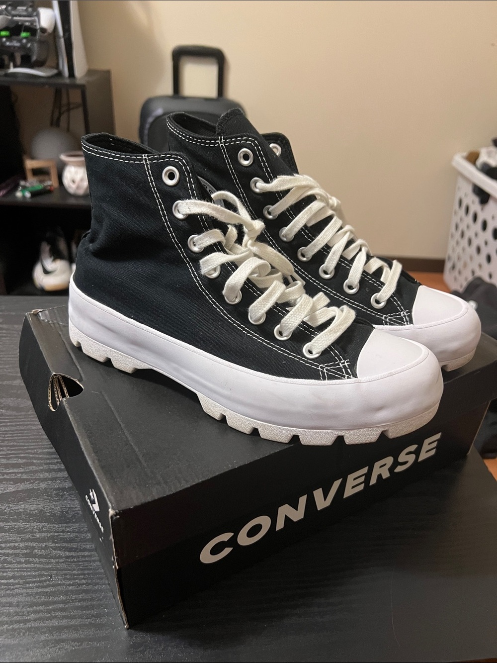 Converse Black and White High-Top Lug-Sole Sneakers